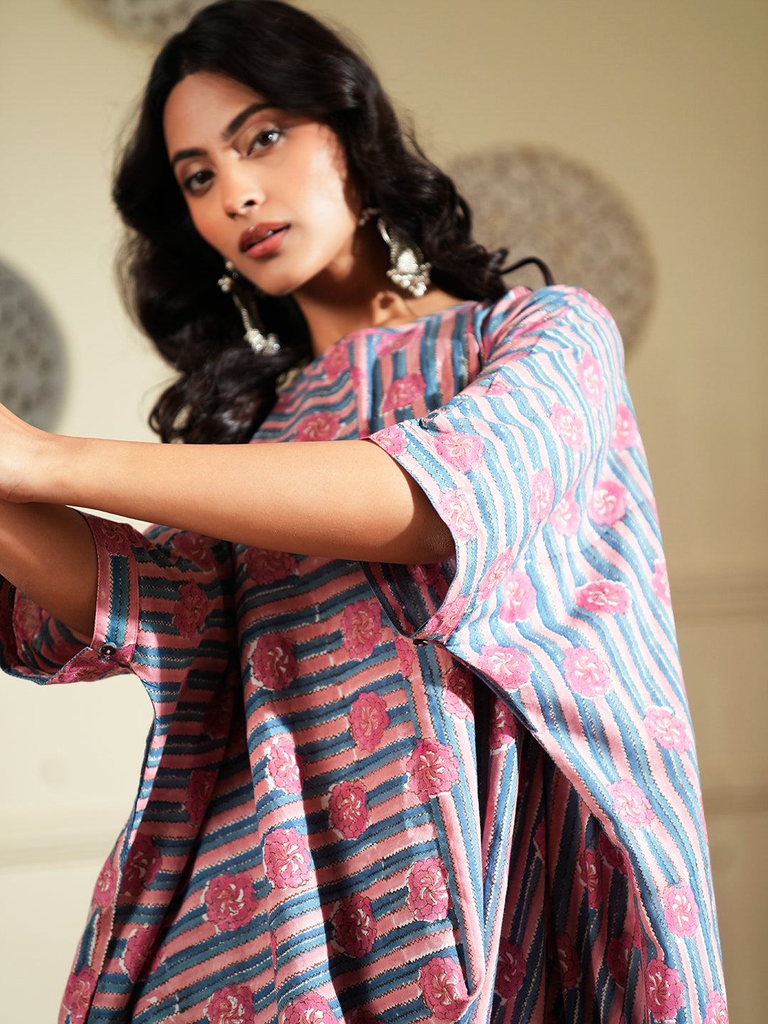 Pink Stripped Printed Cotton Kurta Set