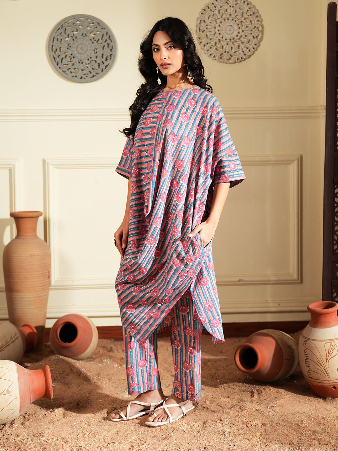 Pink Stripped Printed Cotton Kurta Set