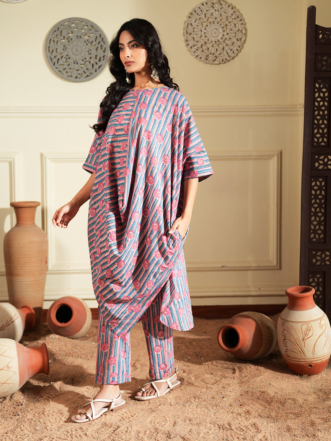 Pink Stripped Printed Cotton Kurta Set