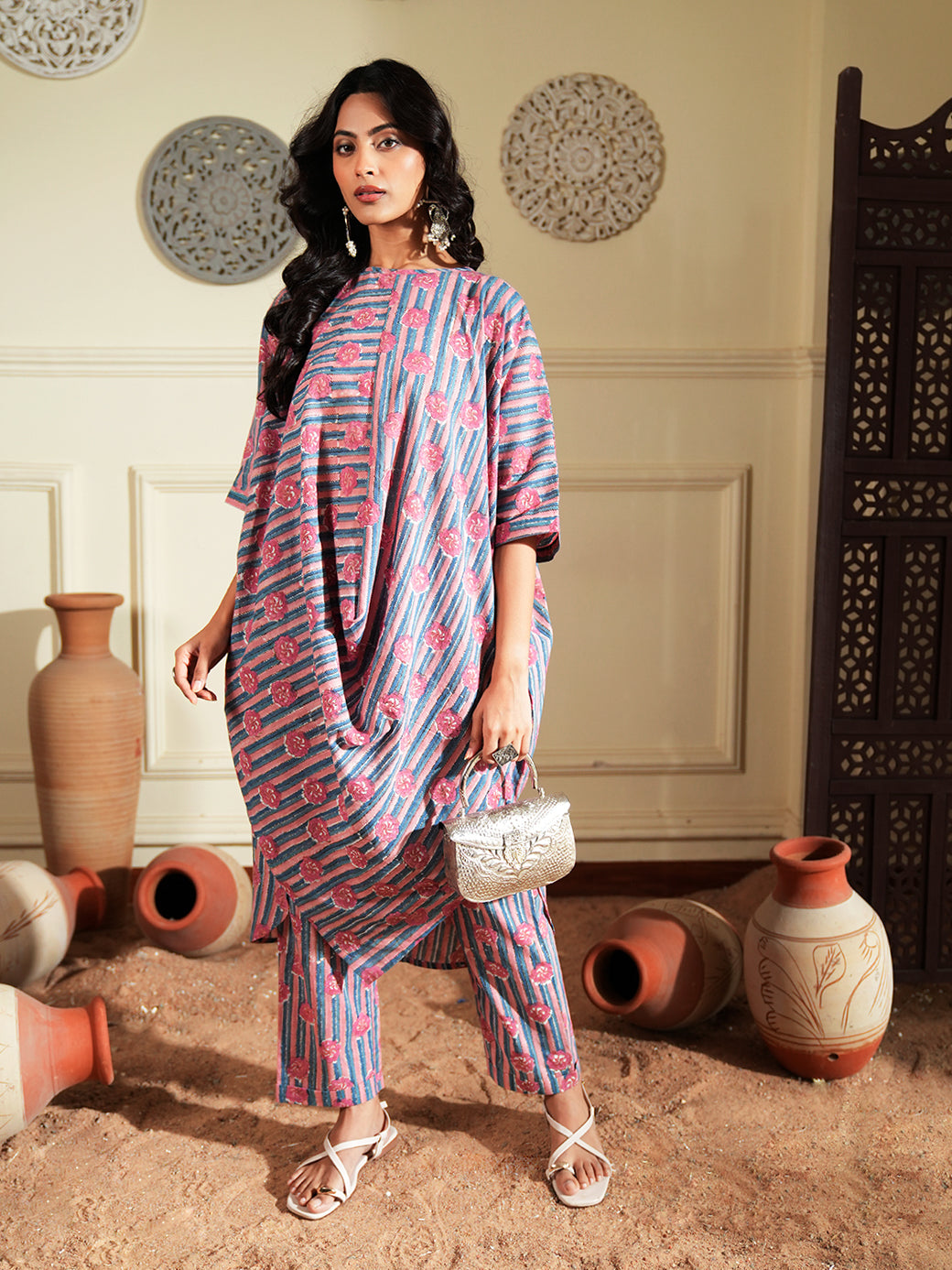 Pink Stripped Printed Cotton Kurta Set
