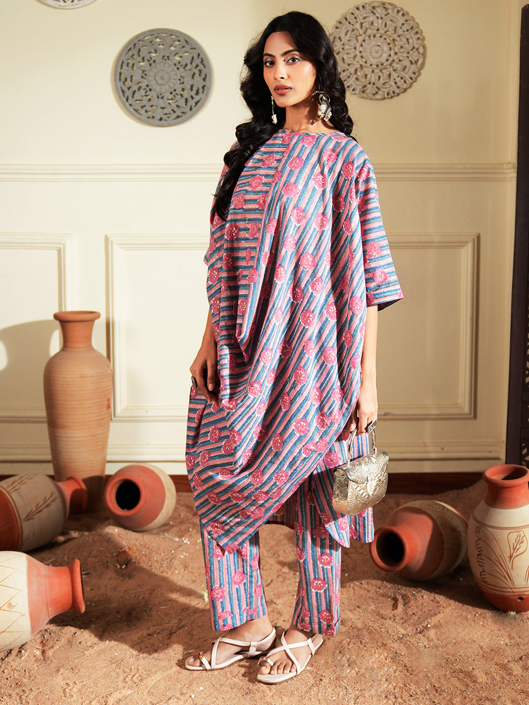 Pink Stripped Printed Cotton Kurta Set