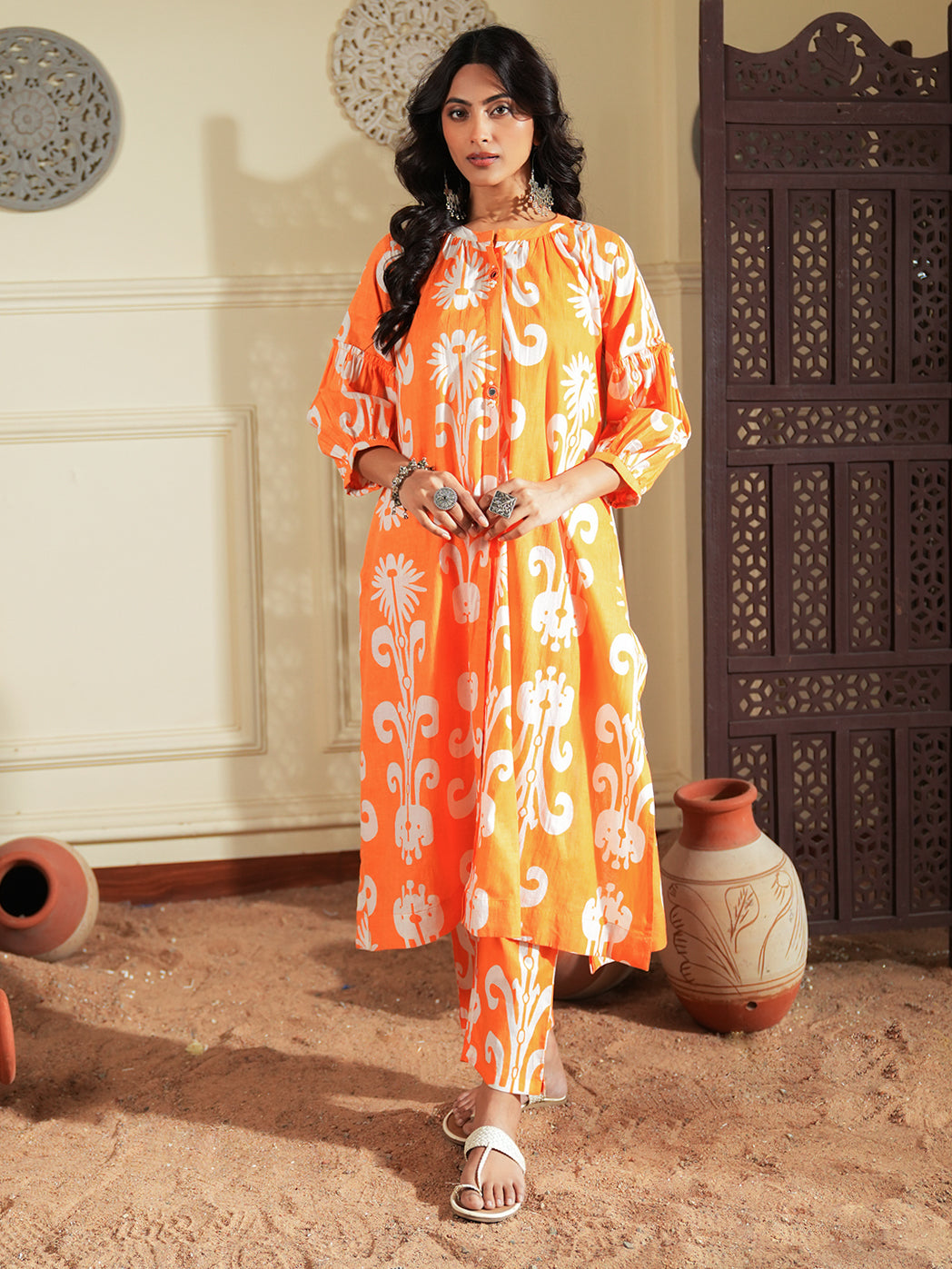 Orange Contemporary Floral Cotton Kurta Set