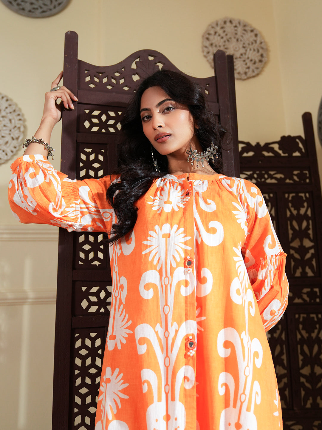 Orange Contemporary Floral Cotton Kurta Set