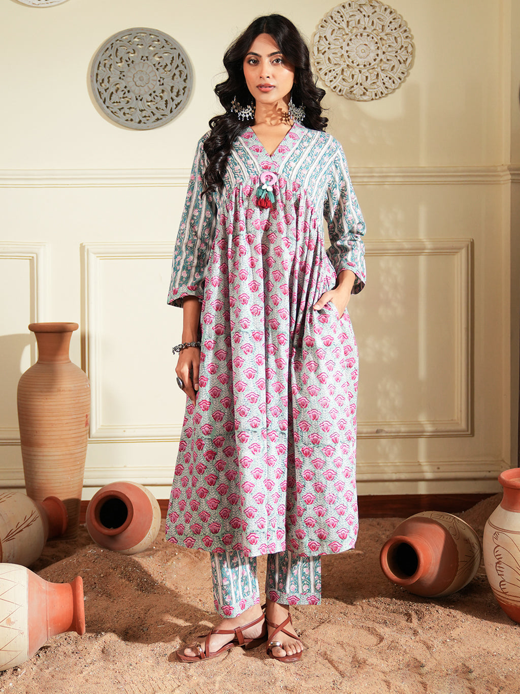 Red Green Floral Stripe Cotton Kurta Set