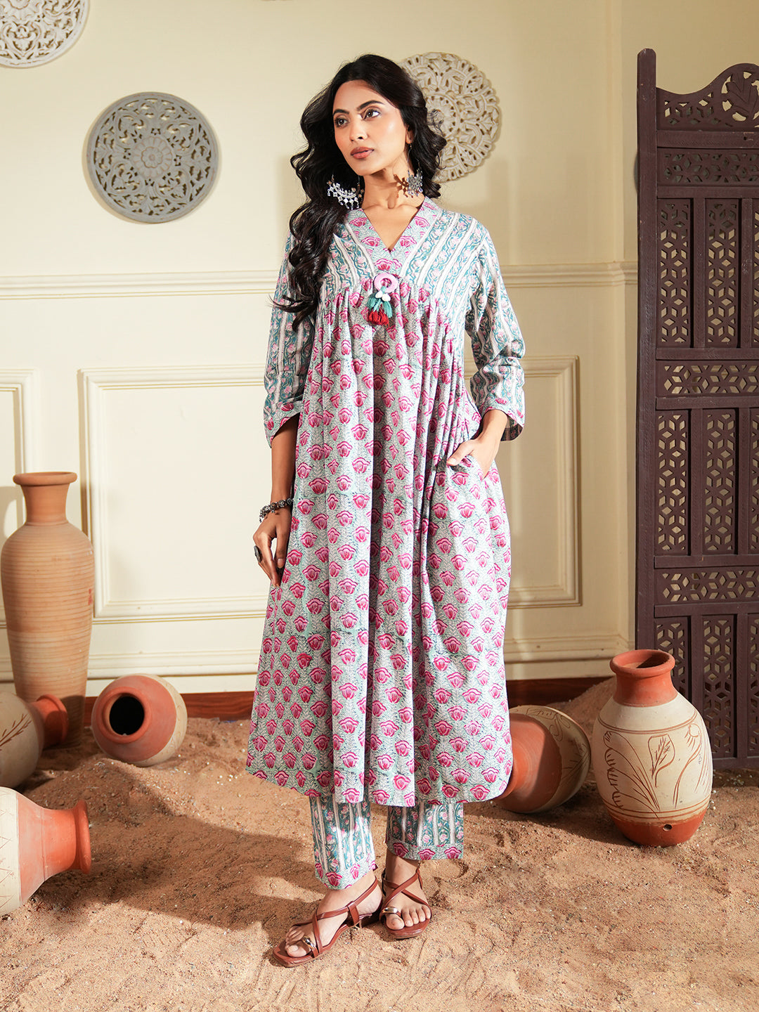 Red Green Floral Stripe Cotton Kurta Set
