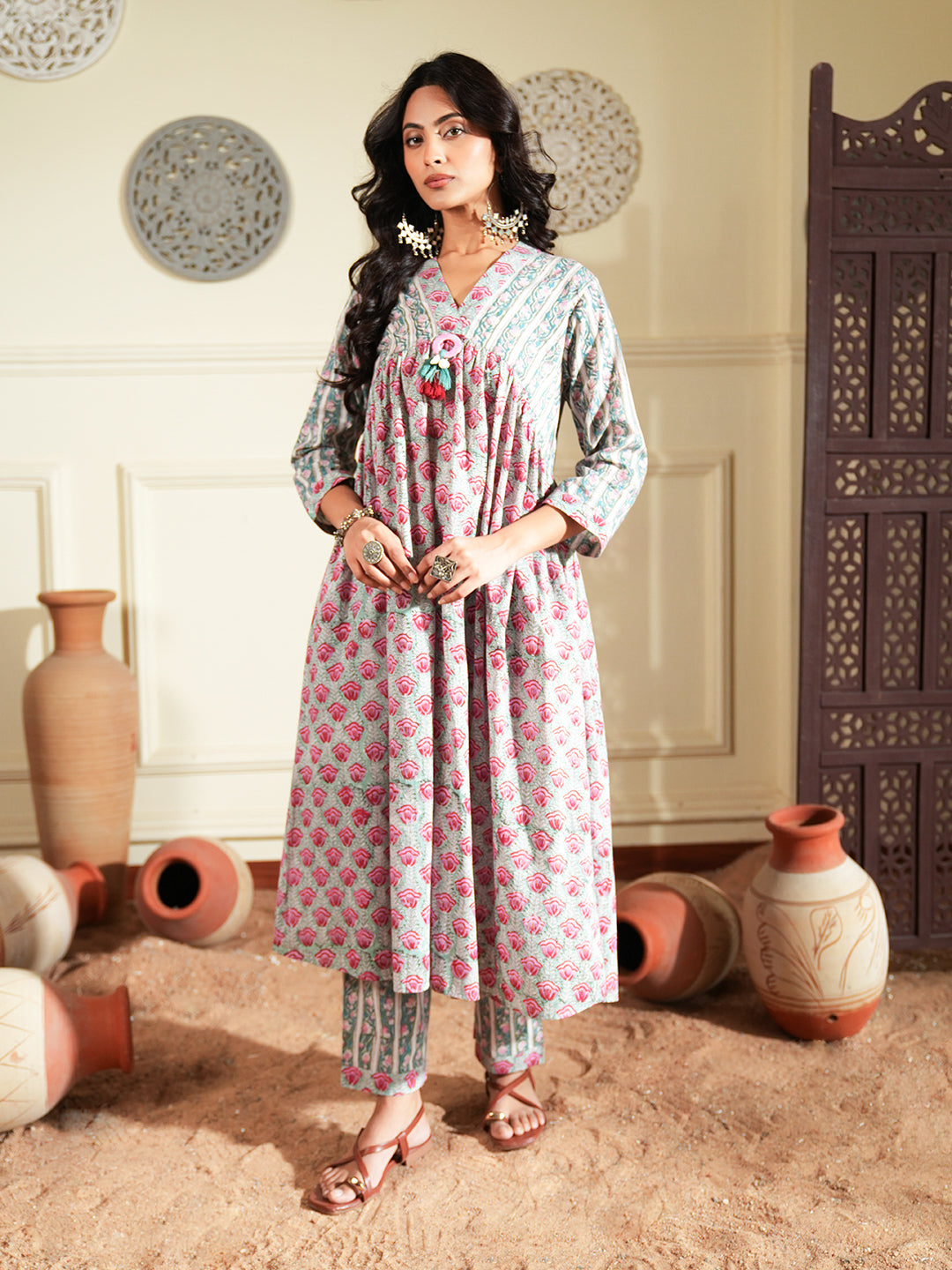 Red Green Floral Stripe Cotton Kurta Set