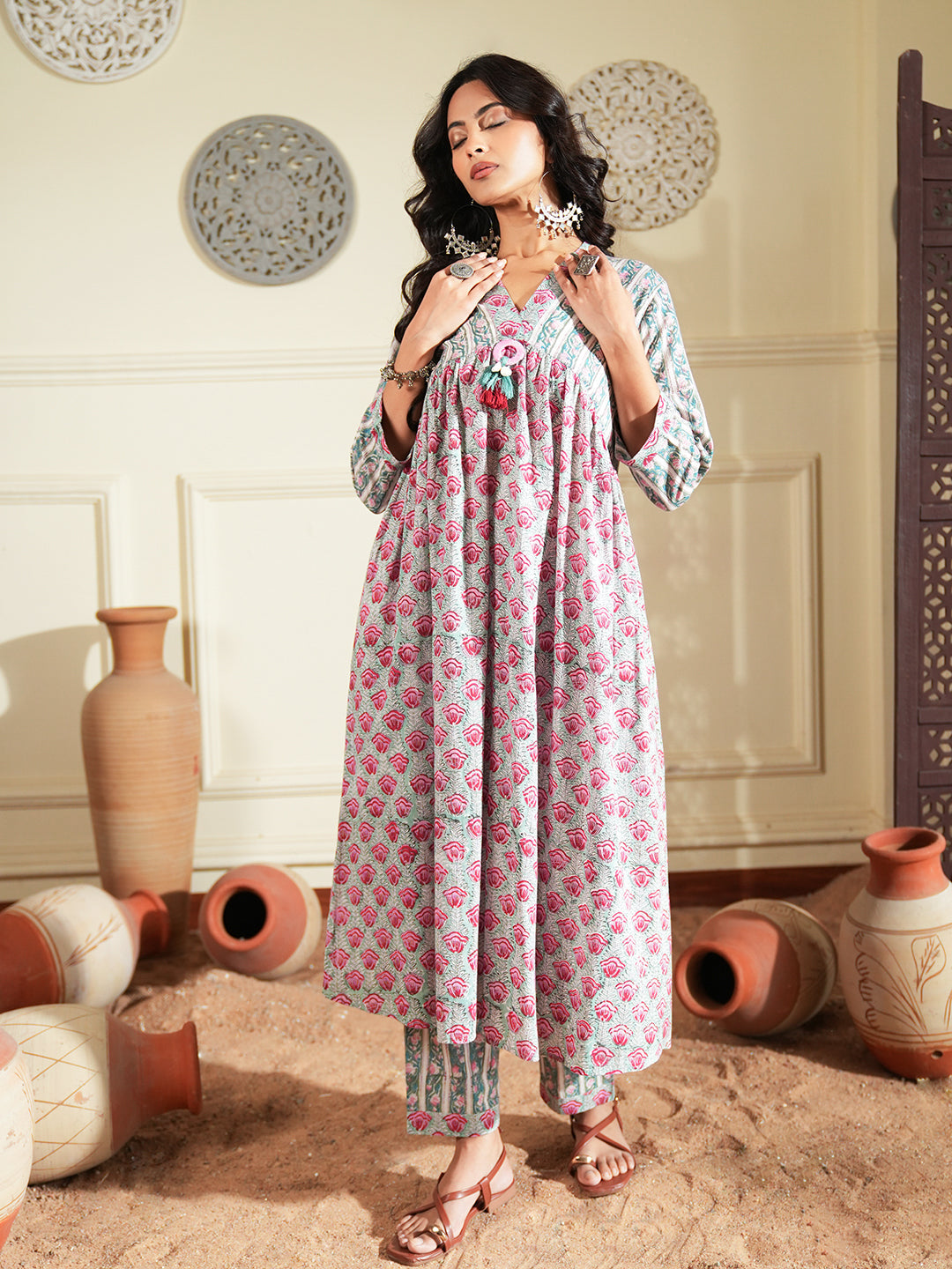 Red Green Floral Stripe Cotton Kurta Set