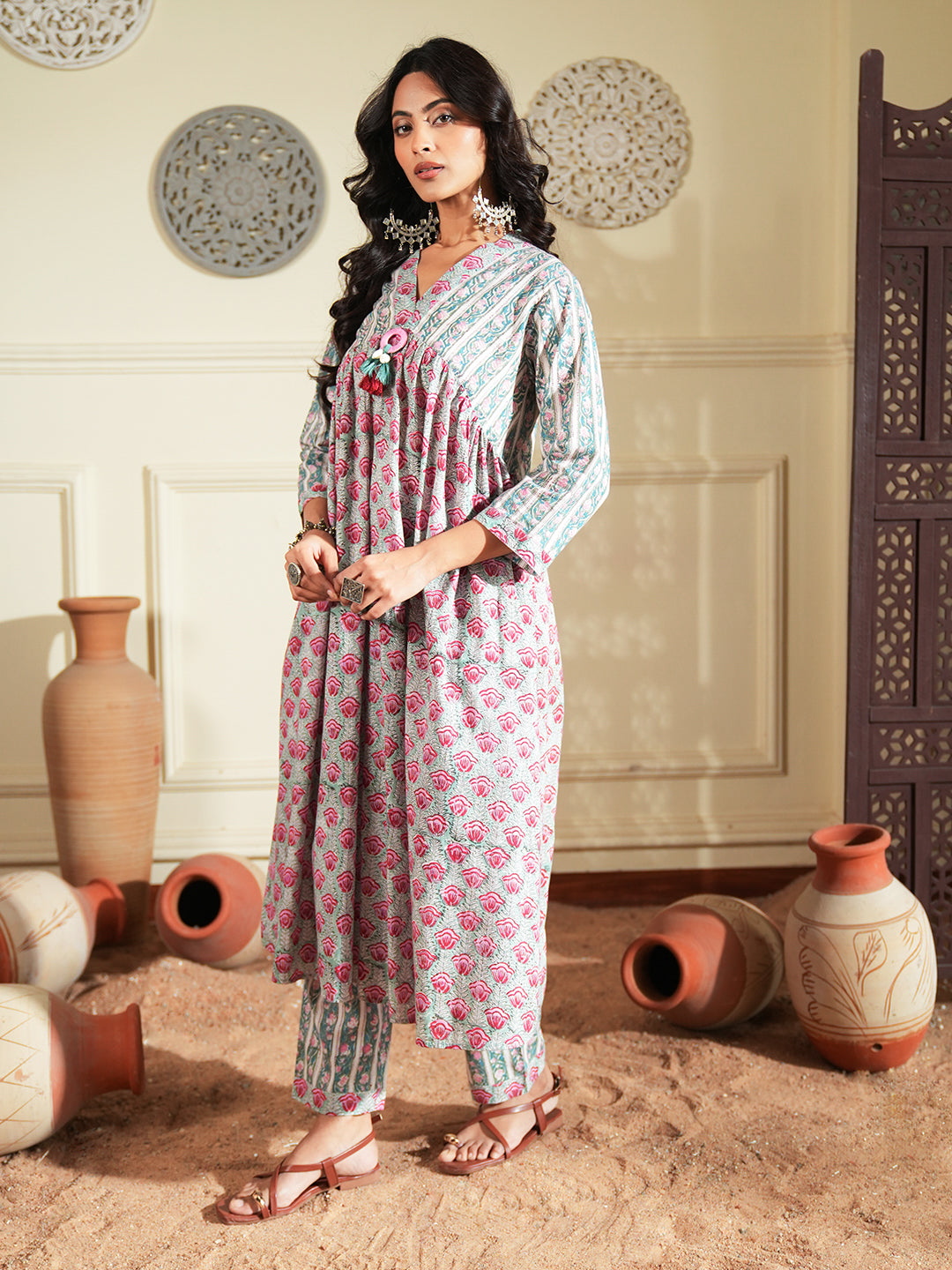 Red Green Floral Stripe Cotton Kurta Set
