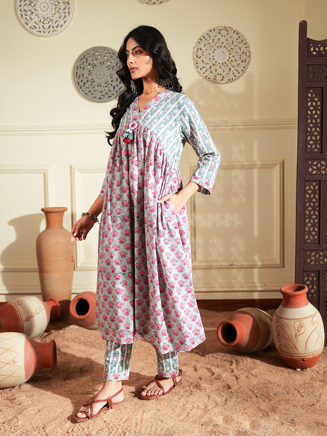 Red Green Floral Stripe Cotton Kurta Set