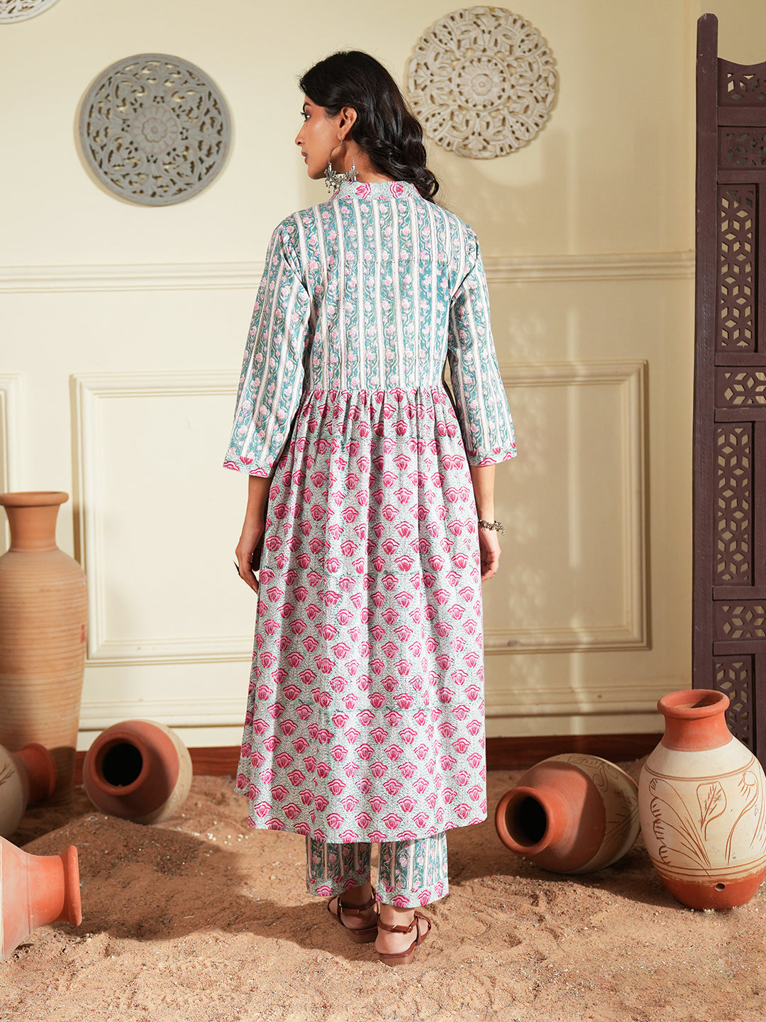 Red Green Floral Stripe Cotton Kurta Set