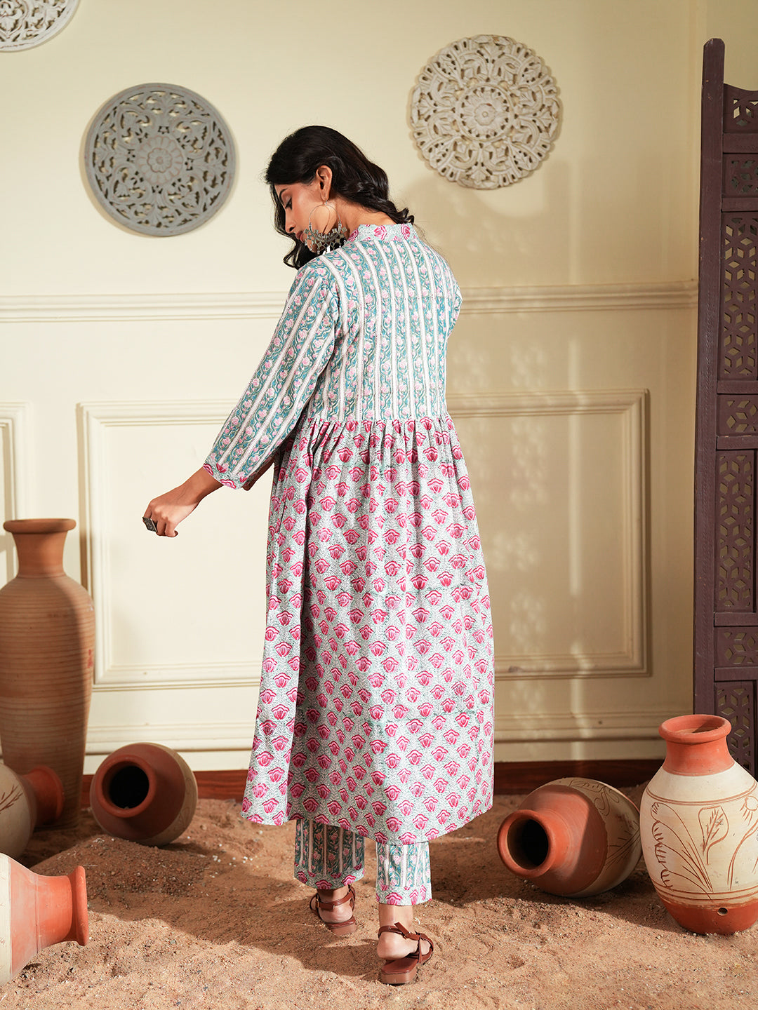 Red Green Floral Stripe Cotton Kurta Set