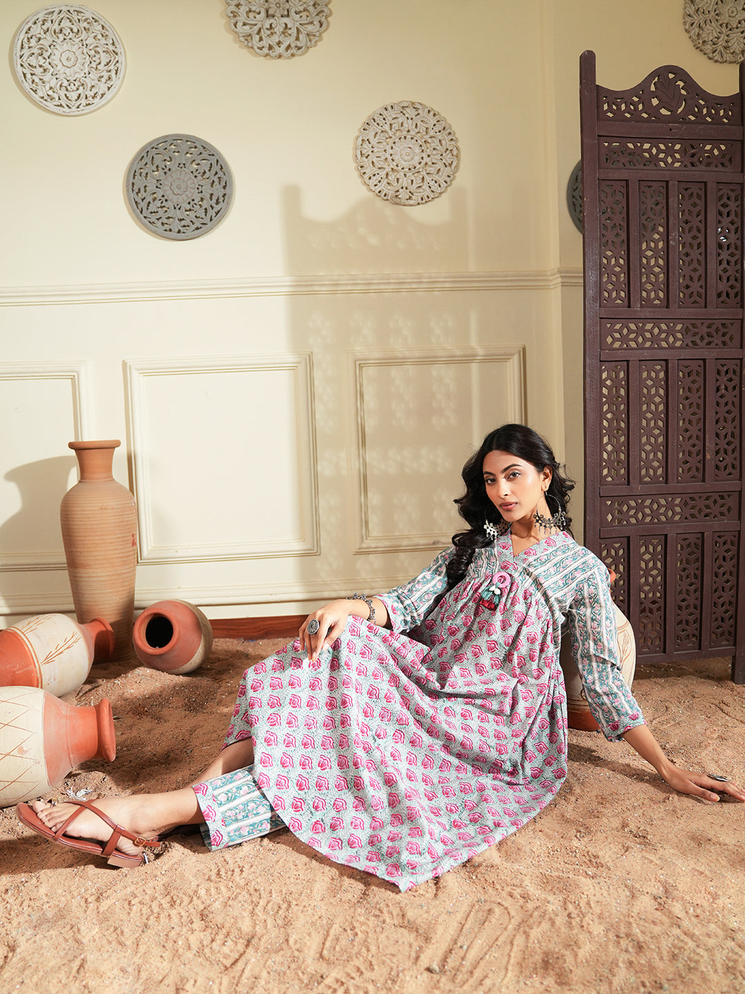 Red Green Floral Stripe Cotton Kurta Set