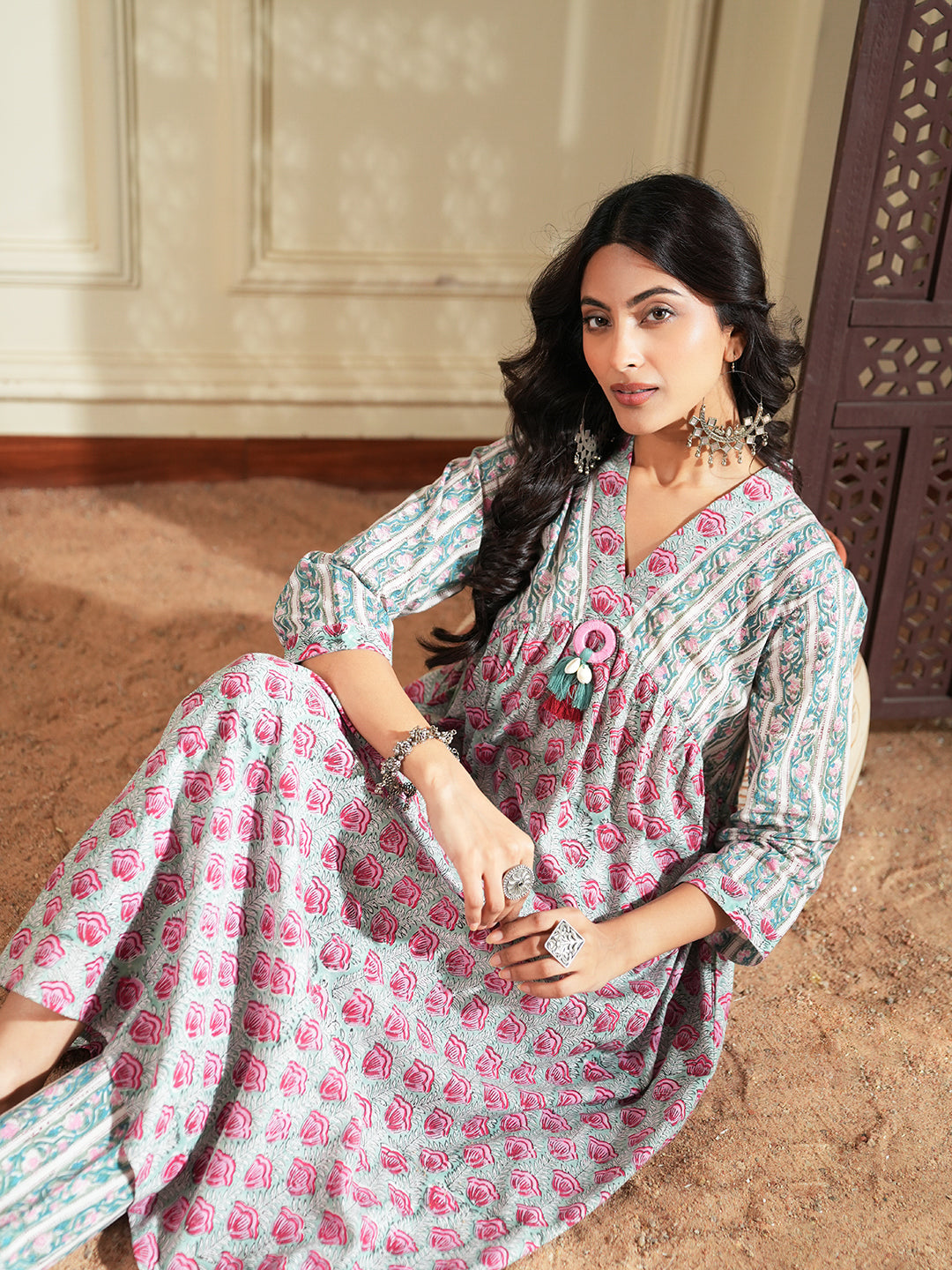 Red Green Floral Stripe Cotton Kurta Set