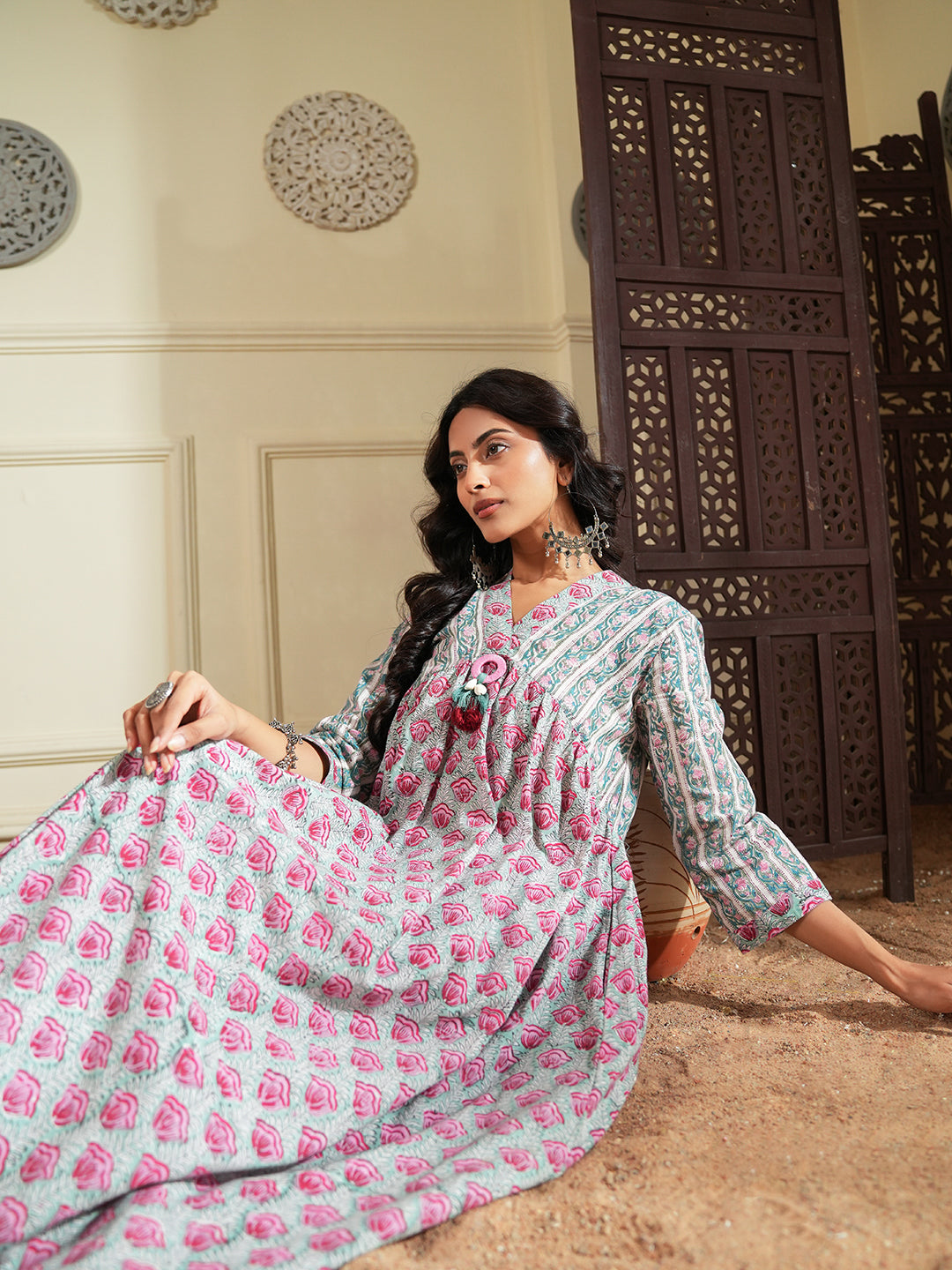 Red Green Floral Stripe Cotton Kurta Set