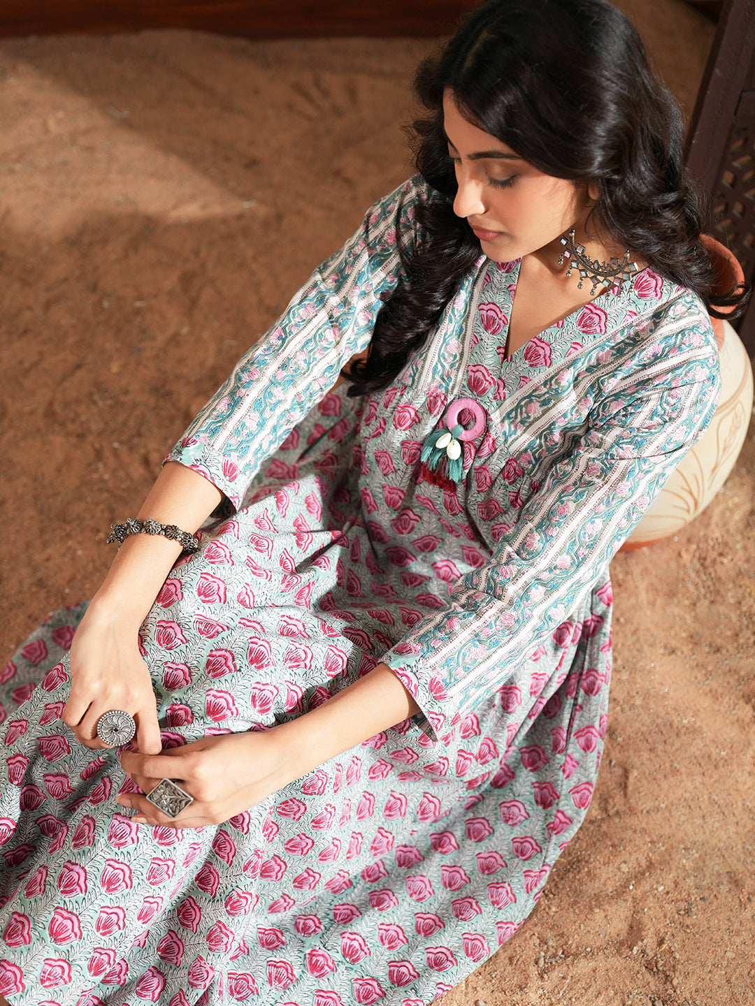 Red Green Floral Stripe Cotton Kurta Set