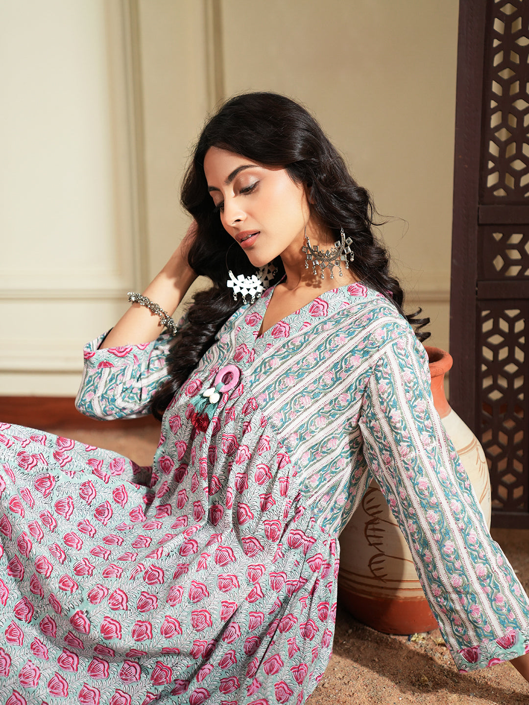 Red Green Floral Stripe Cotton Kurta Set