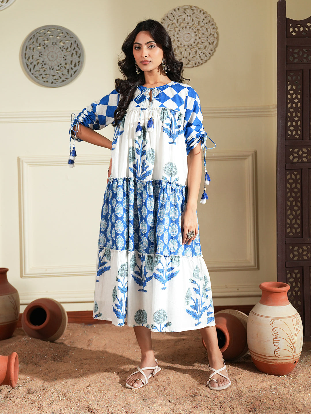Handblock-Inspired Blue Floral Cotton A-Line Dress