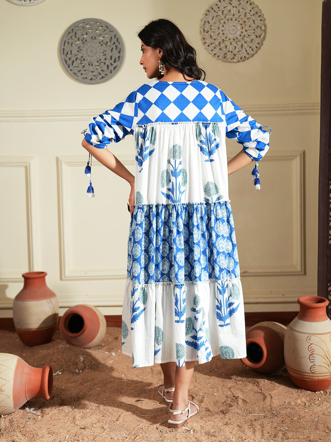 Handblock-Inspired Blue Floral Cotton A-Line Dress