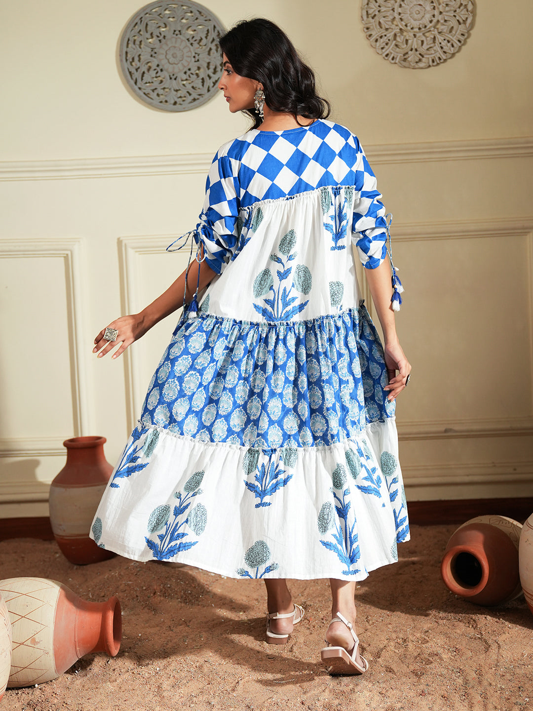 Handblock-Inspired Blue Floral Cotton A-Line Dress