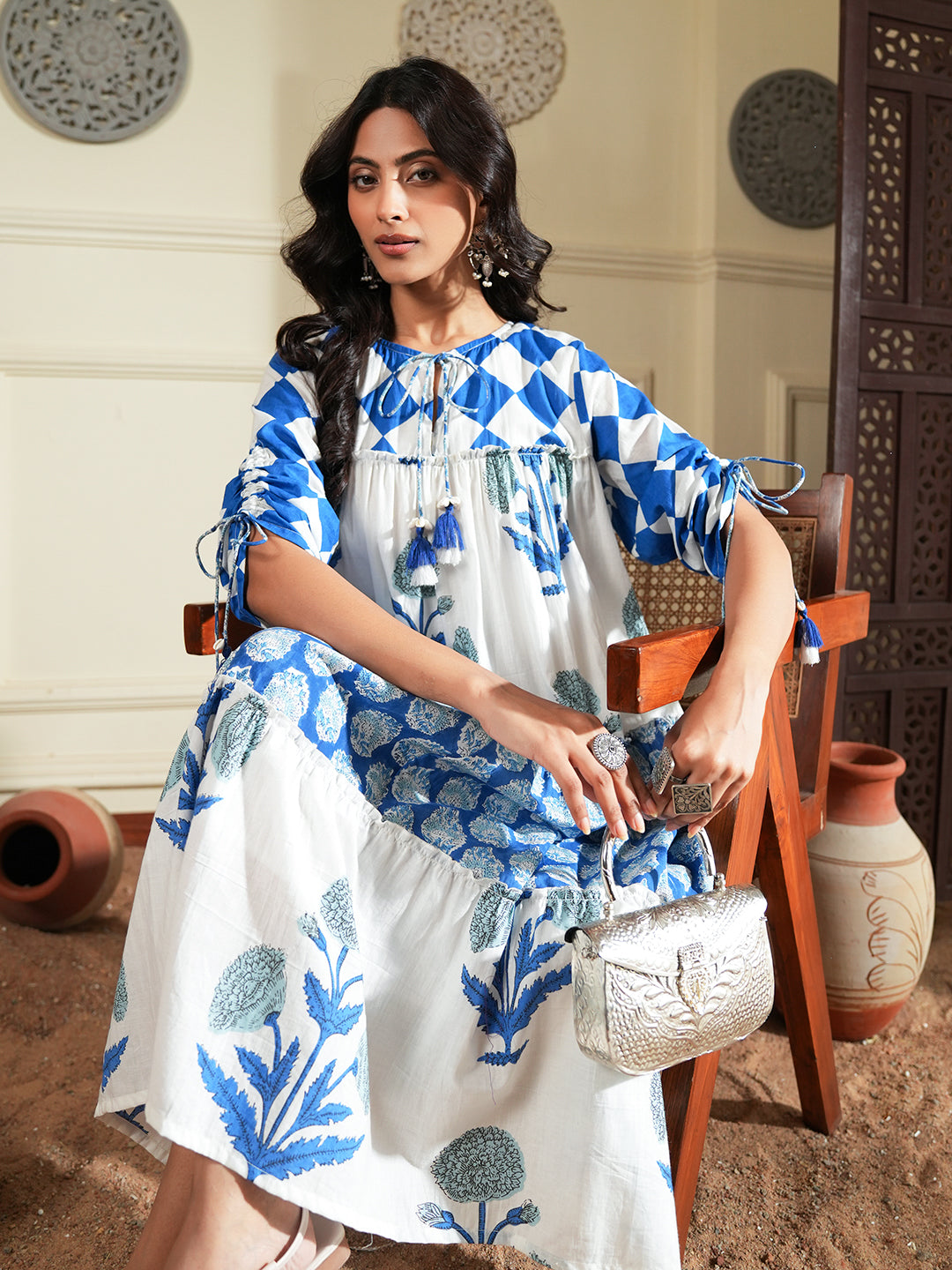 Handblock-Inspired Blue Floral Cotton A-Line Dress
