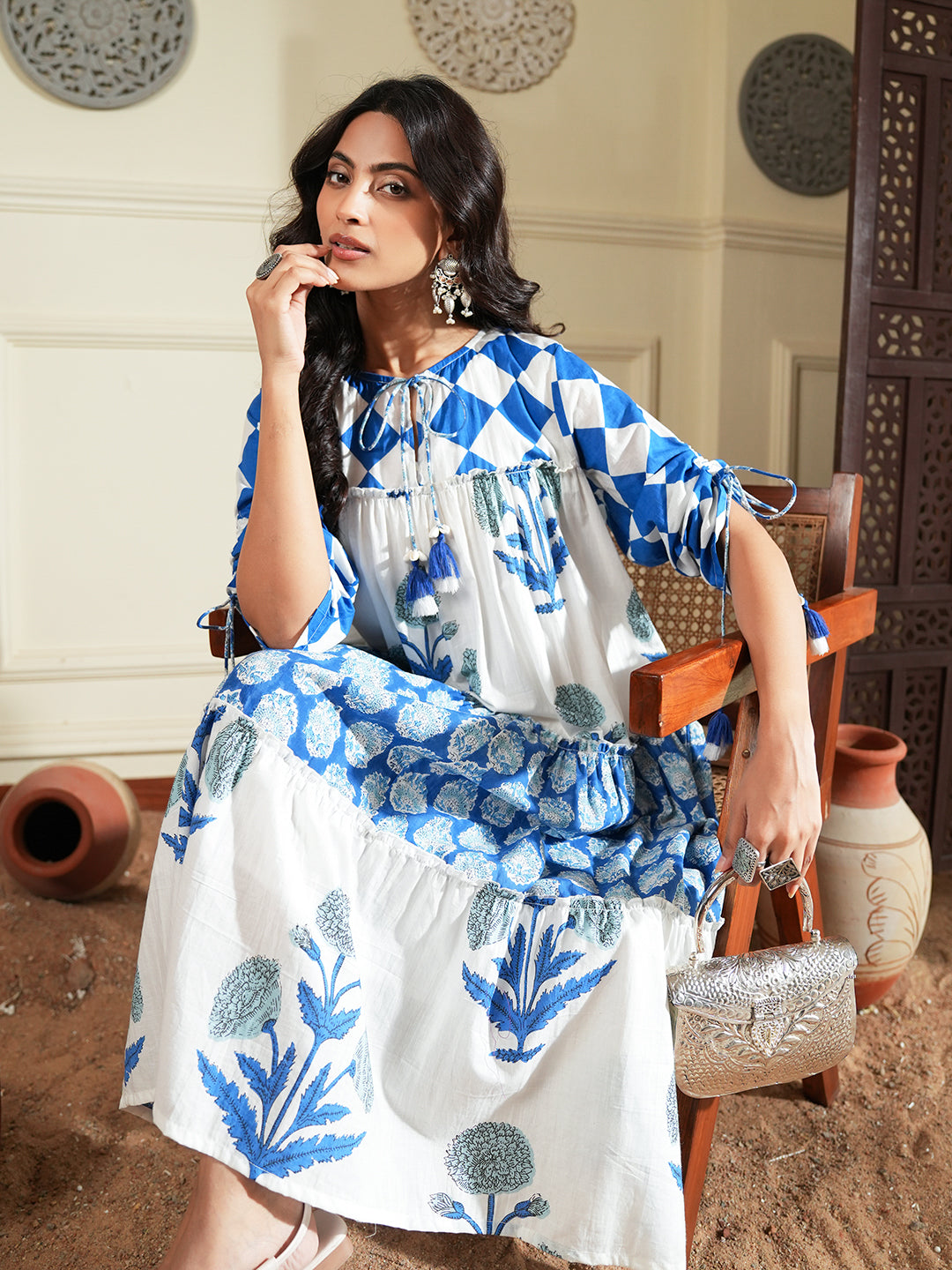 Handblock-Inspired Blue Floral Cotton A-Line Dress