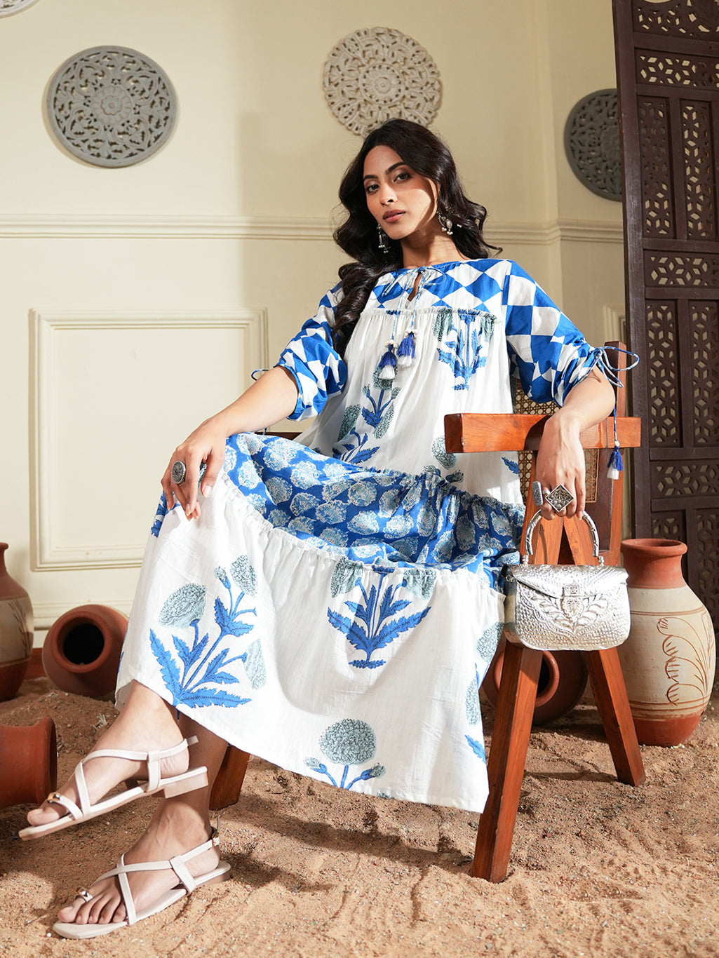 Handblock-Inspired Blue Floral Cotton A-Line Dress
