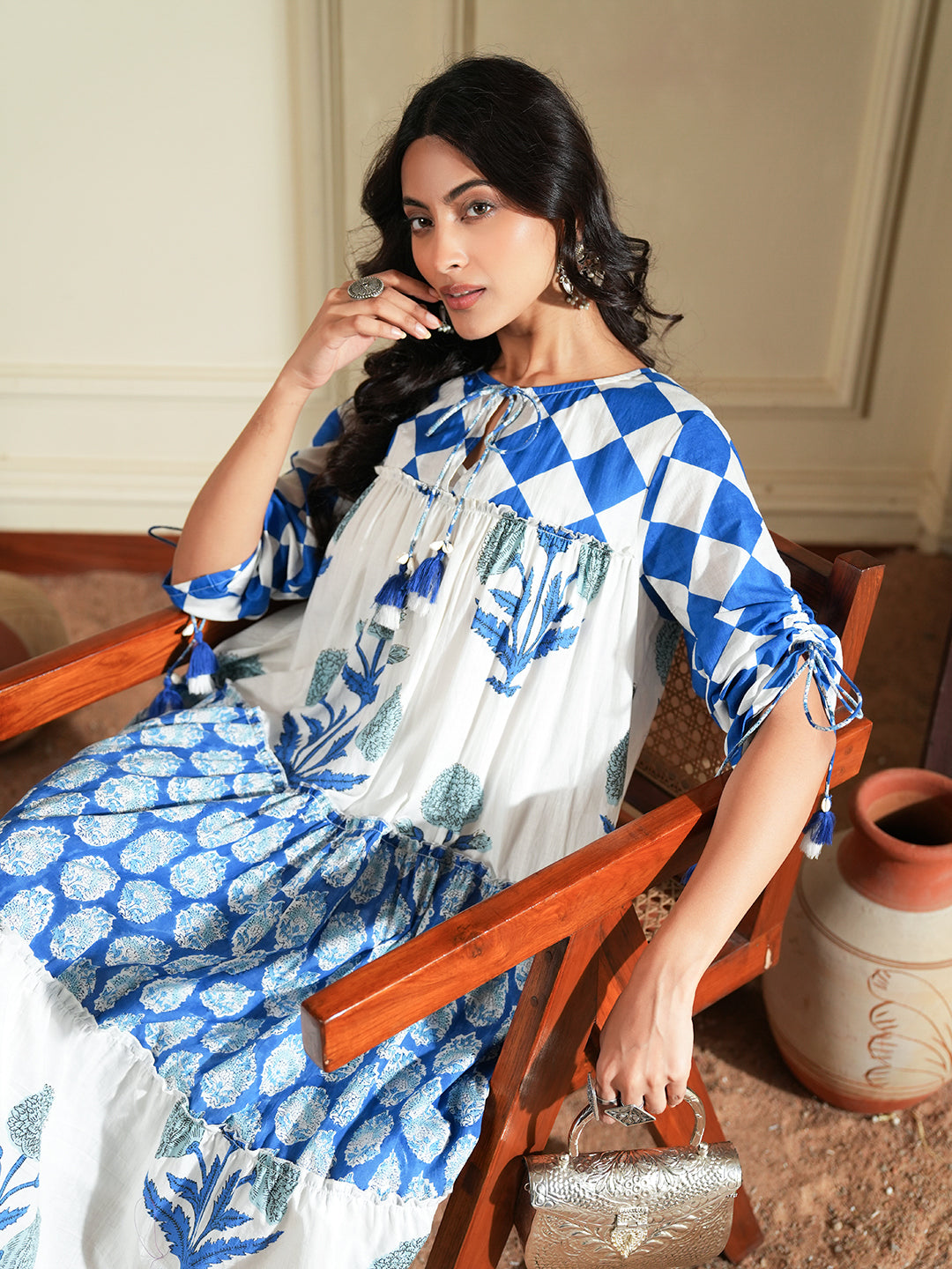 Handblock-Inspired Blue Floral Cotton A-Line Dress