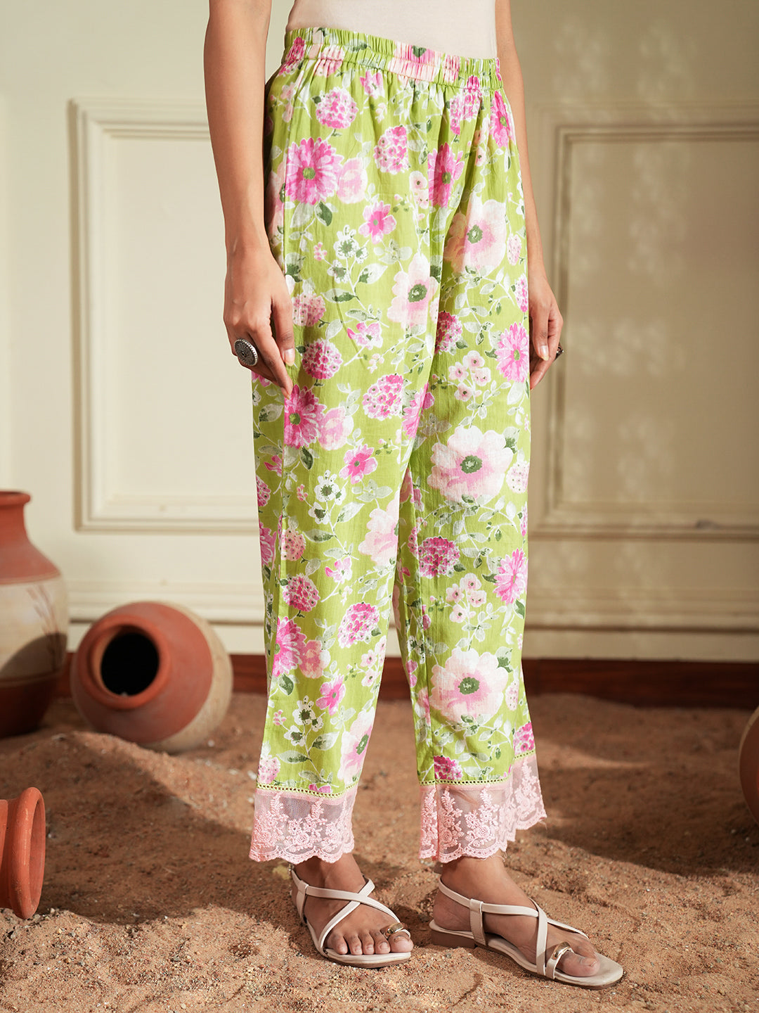 Green Botanical Lace Detailing Cotton Kurta Set