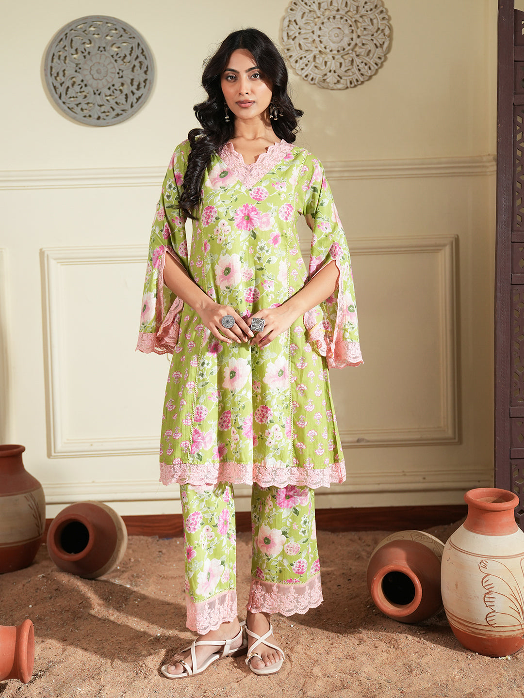Green Floral Print Cotton Co-ord Set