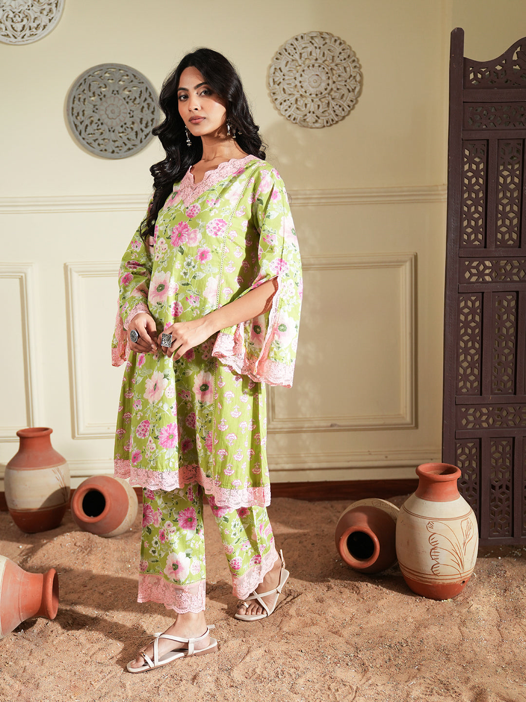 Green Floral Print Cotton Co-ord Set