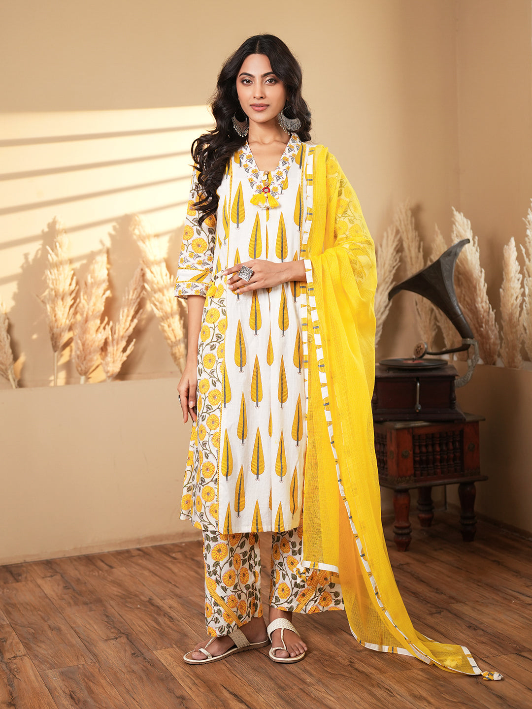 Yellow Palm Lace Detail Cotton Kurta set