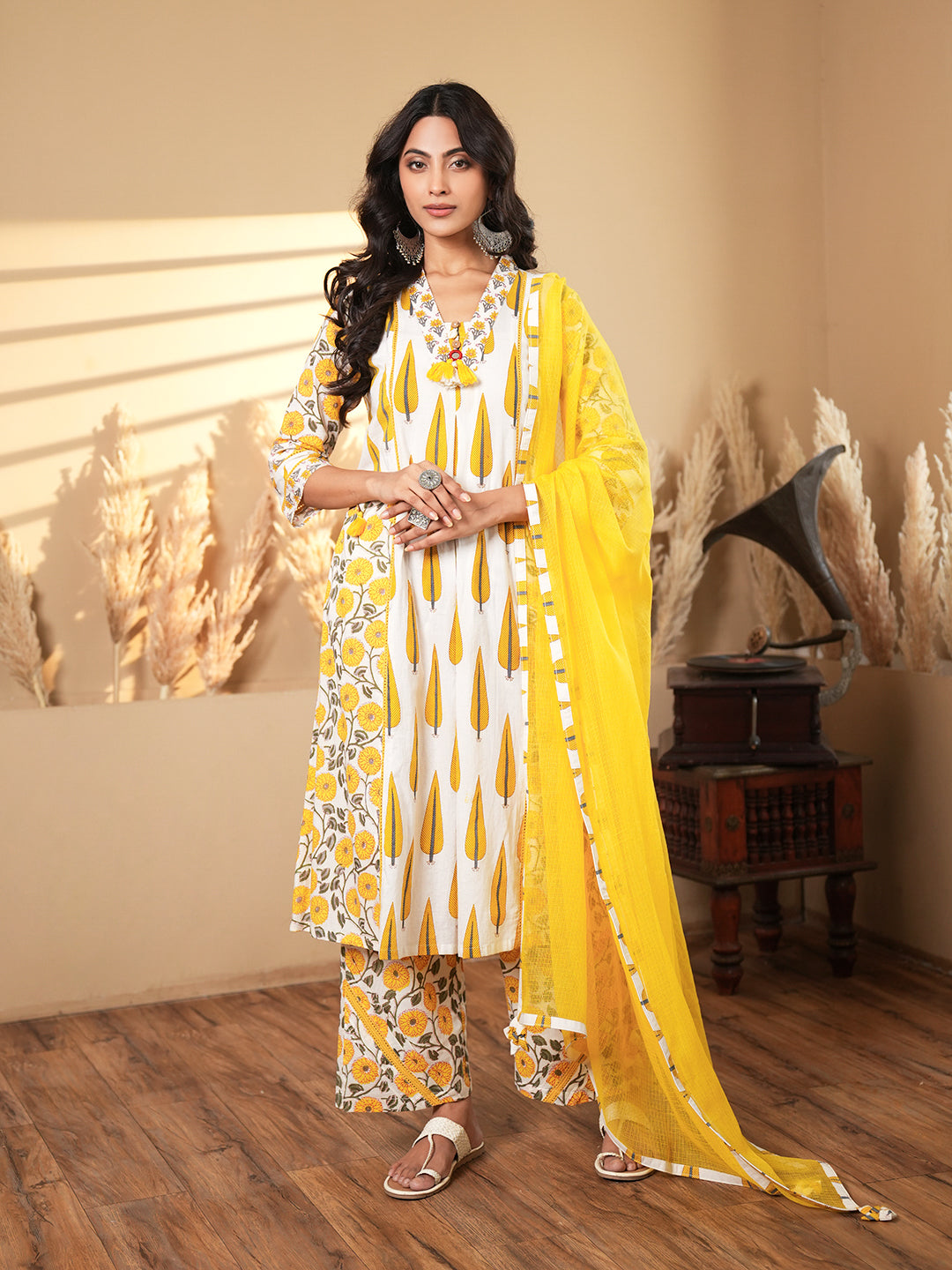 Yellow Palm Lace Detail Cotton Kurta set