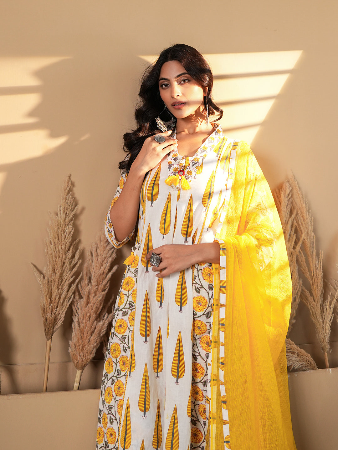 Yellow Palm Lace Detail Cotton Kurta set