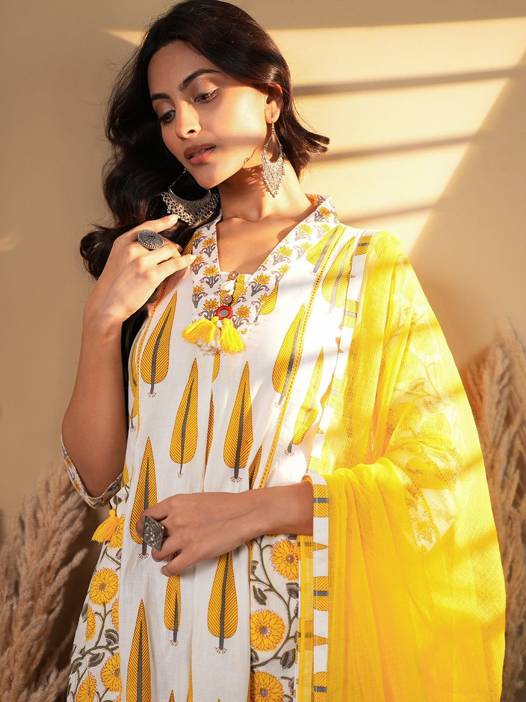 Yellow Palm Lace Detail Cotton Kurta set