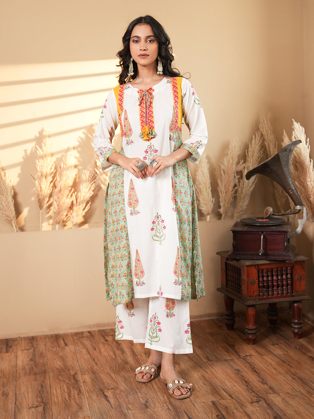 White Floral Cotton Kurta Set