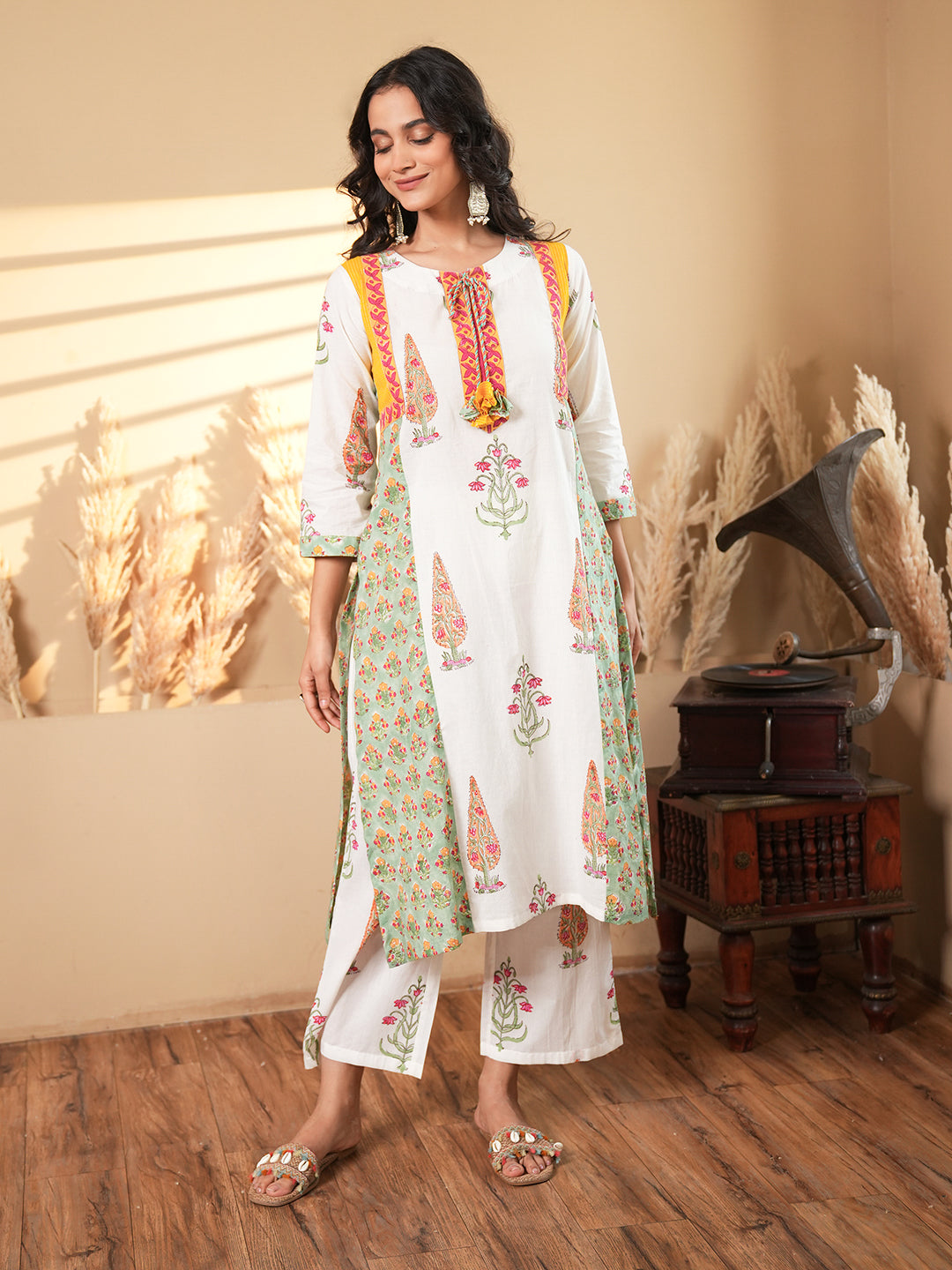 White Floral Cotton Kurta Set