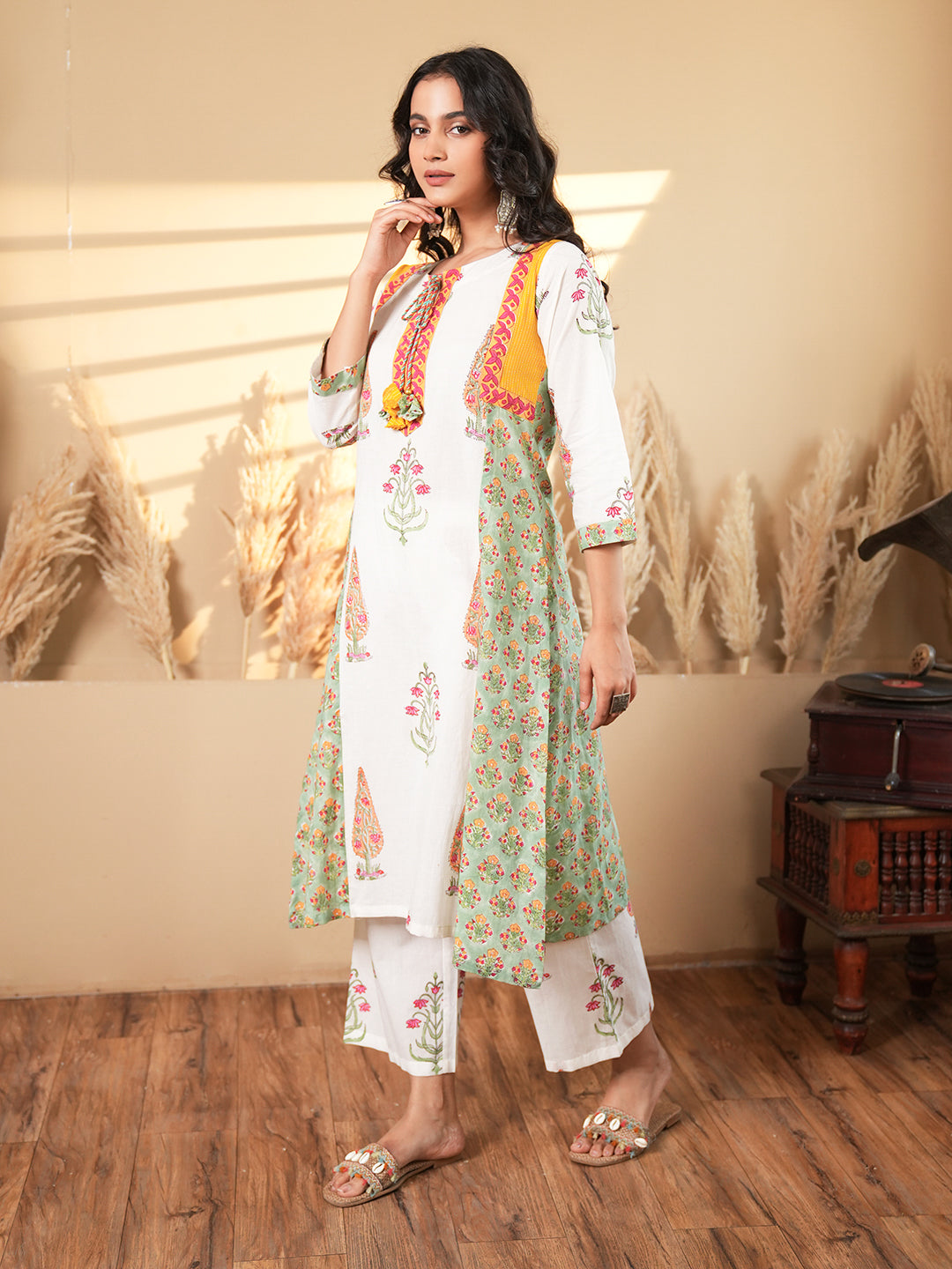 White Floral Cotton Kurta Set