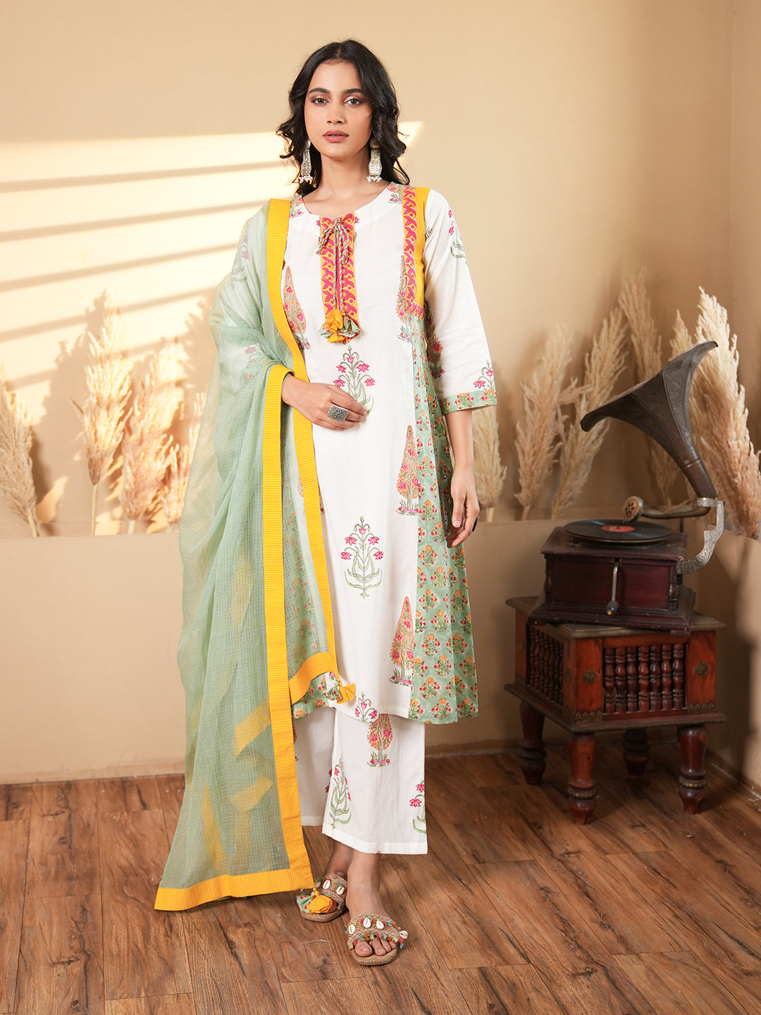 White Floral Cotton Kurta Set with Dupatta