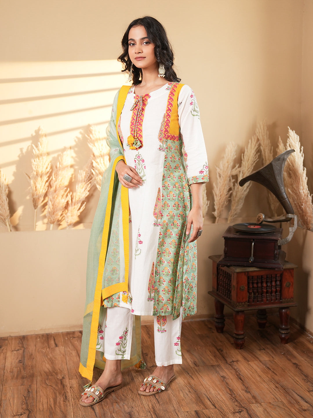 White Floral Cotton Kurta Set with Dupatta