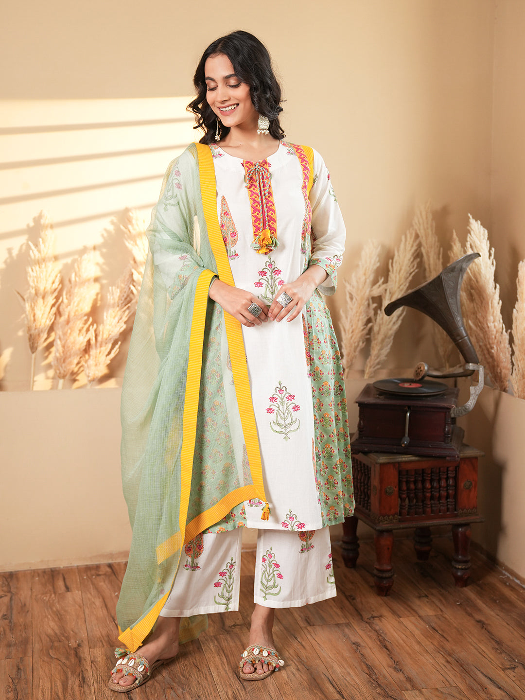 White Floral Cotton Kurta Set with Dupatta