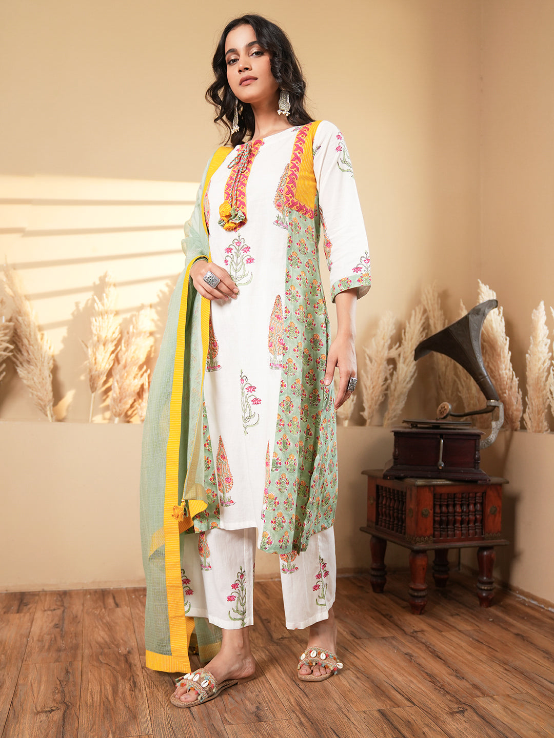 White Floral Cotton Kurta Set with Dupatta