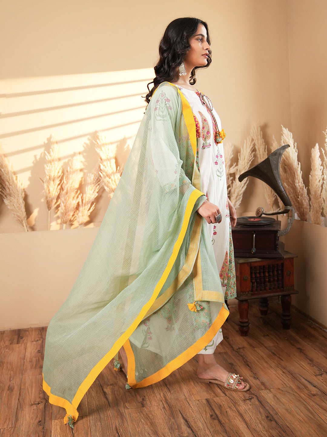 White Floral Cotton Kurta Set with Dupatta