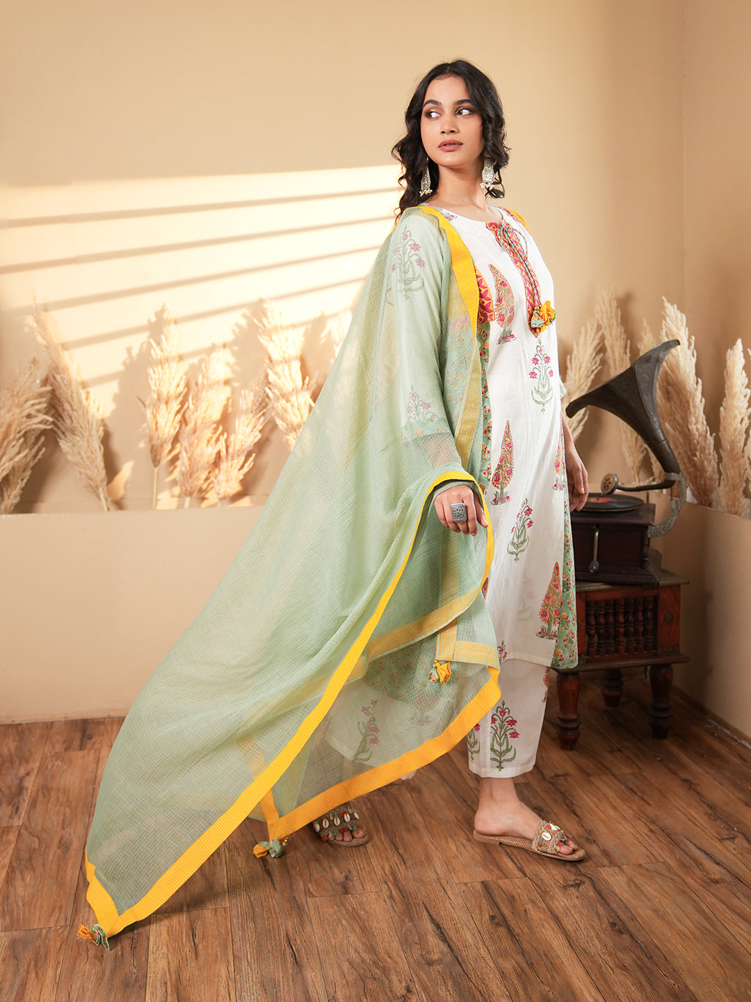 White Floral Cotton Kurta Set with Dupatta