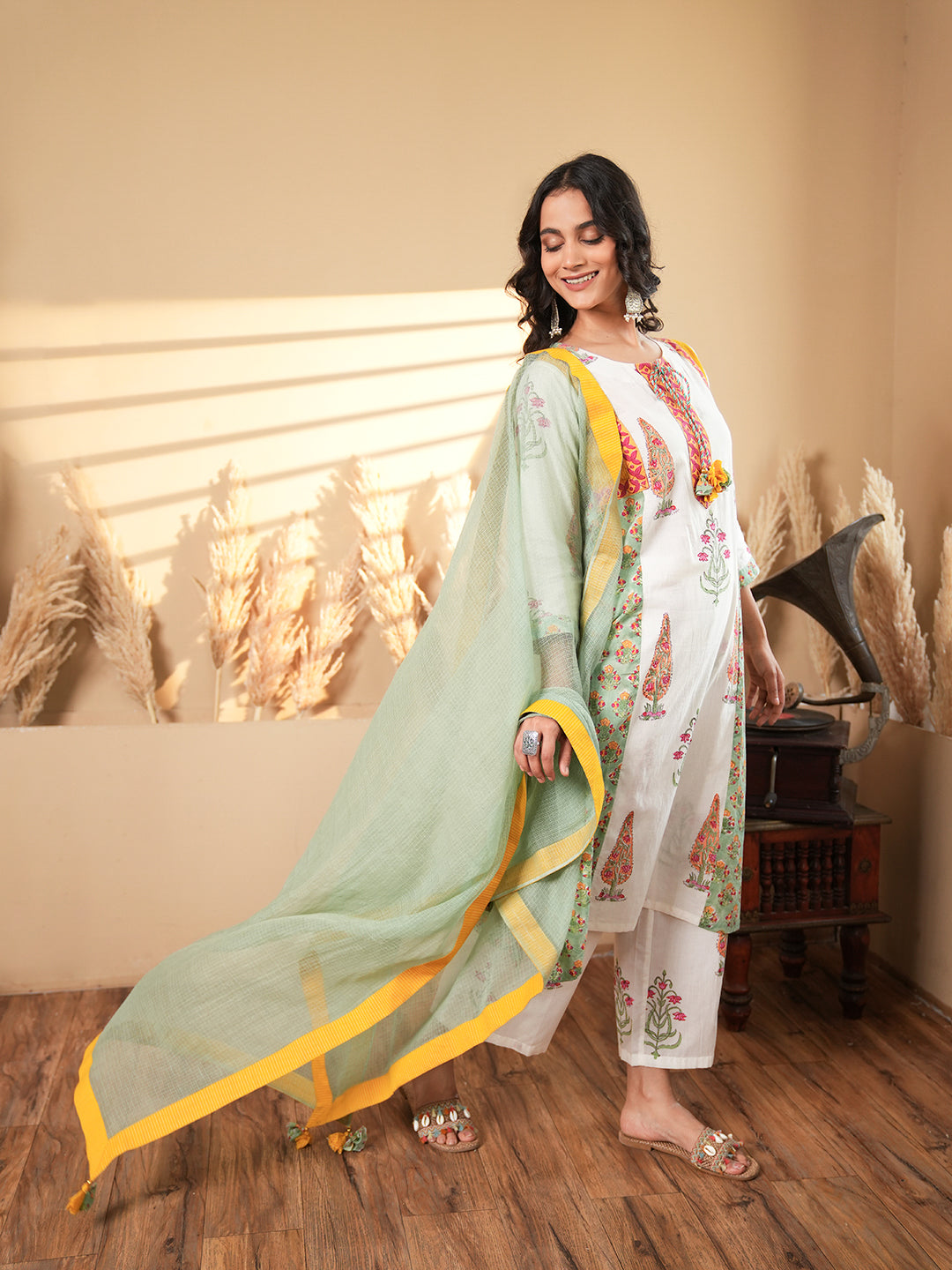 White Floral Cotton Kurta Set with Dupatta