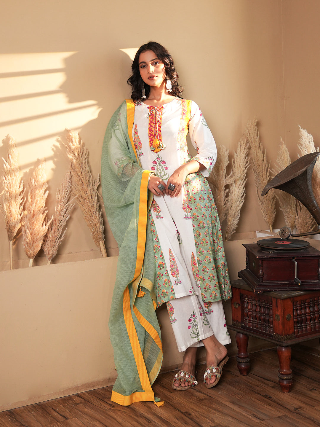 White Floral Cotton Kurta Set with Dupatta