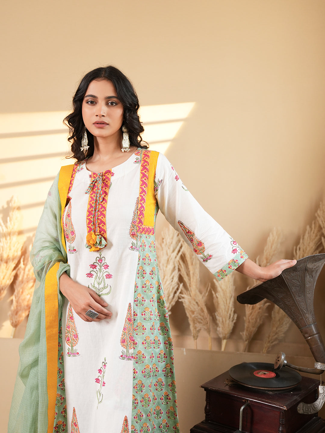 White Floral Cotton Kurta Set with Dupatta