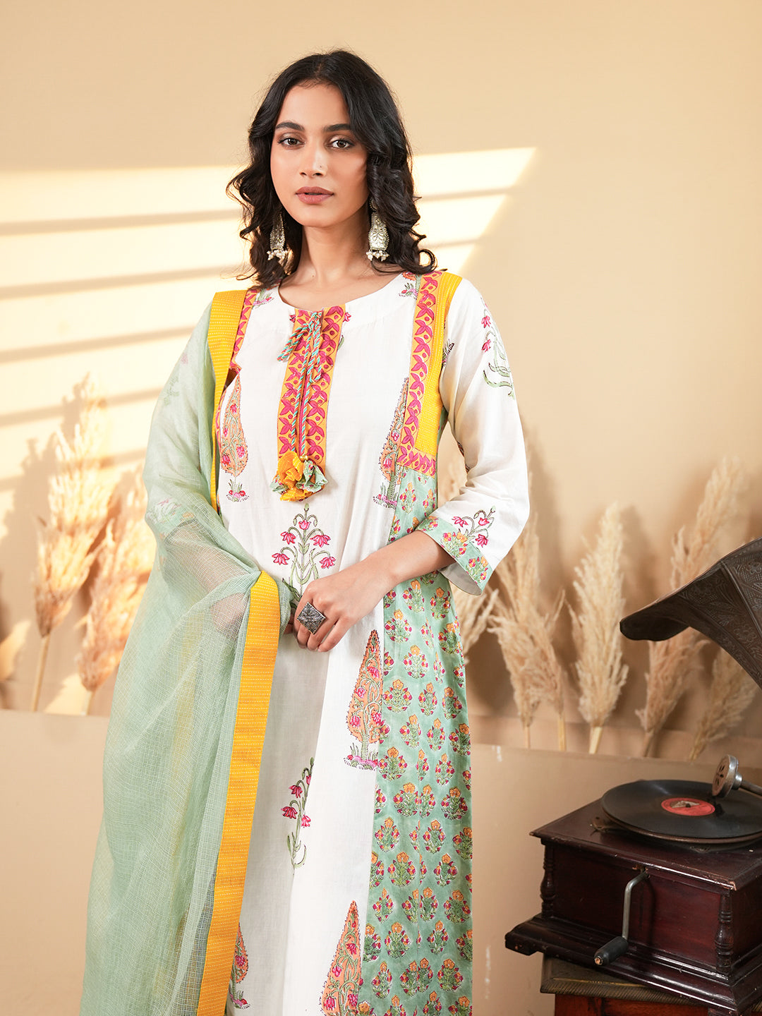 White Floral Cotton Kurta Set with Dupatta
