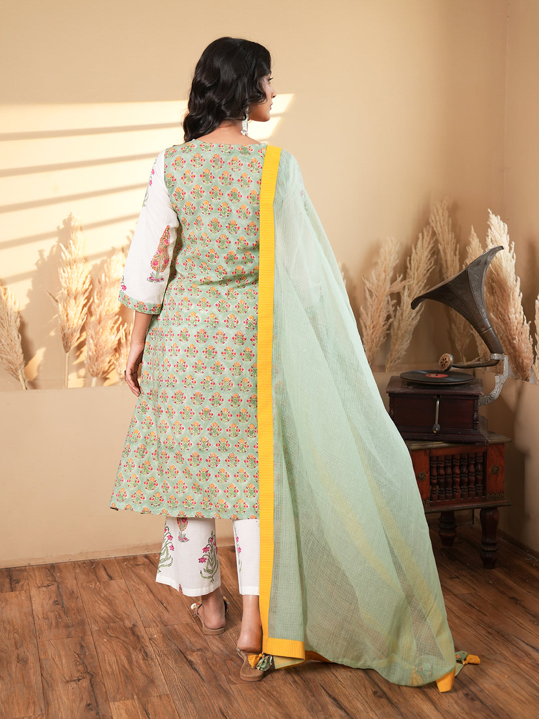 White Floral Cotton Kurta Set with Dupatta