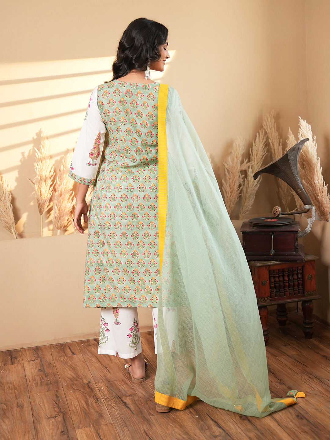 White Floral Cotton Kurta Set with Dupatta