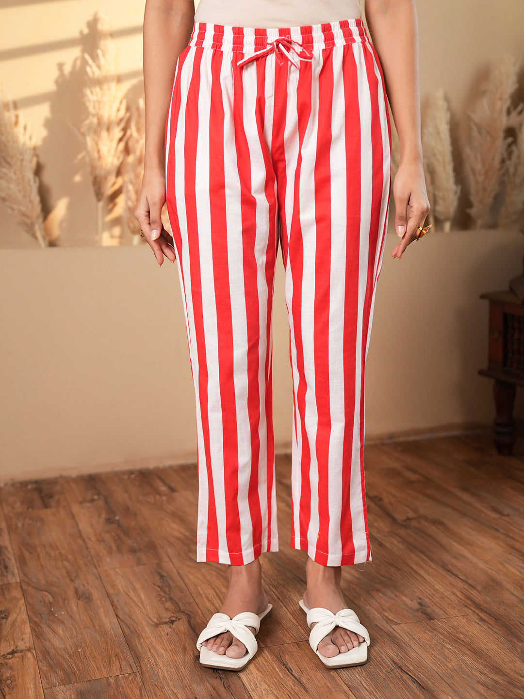 Red Floral Stripe Cotton Kurta Set